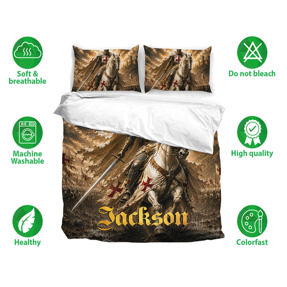 Knights Templar duvet cover set showing medieval knight artwork with soft, breathable bedding features