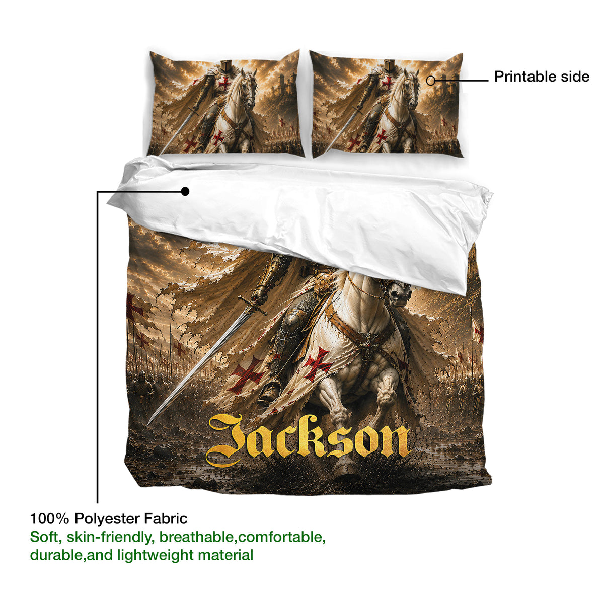 Knights Templar bedding set detail showing printable artwork and dramatic armored horseman design