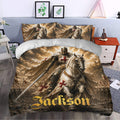 Knights Templar duvet cover displayed in a bedroom with sepia medieval knight and castle artwork