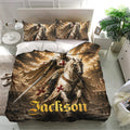 Knights Templar bedding set in a bright bedroom featuring armored rider, horse, castle, and red cross art