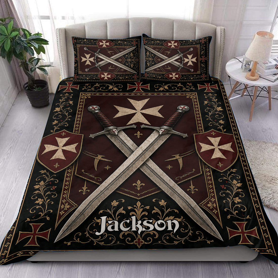 Knights Templar duvet cover set in black and burgundy with crossed swords, shields, and medieval cross motifs