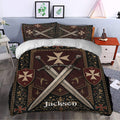 Knights Templar duvet cover set styled in a bedroom with crossed swords, ornate borders, and heraldic shields