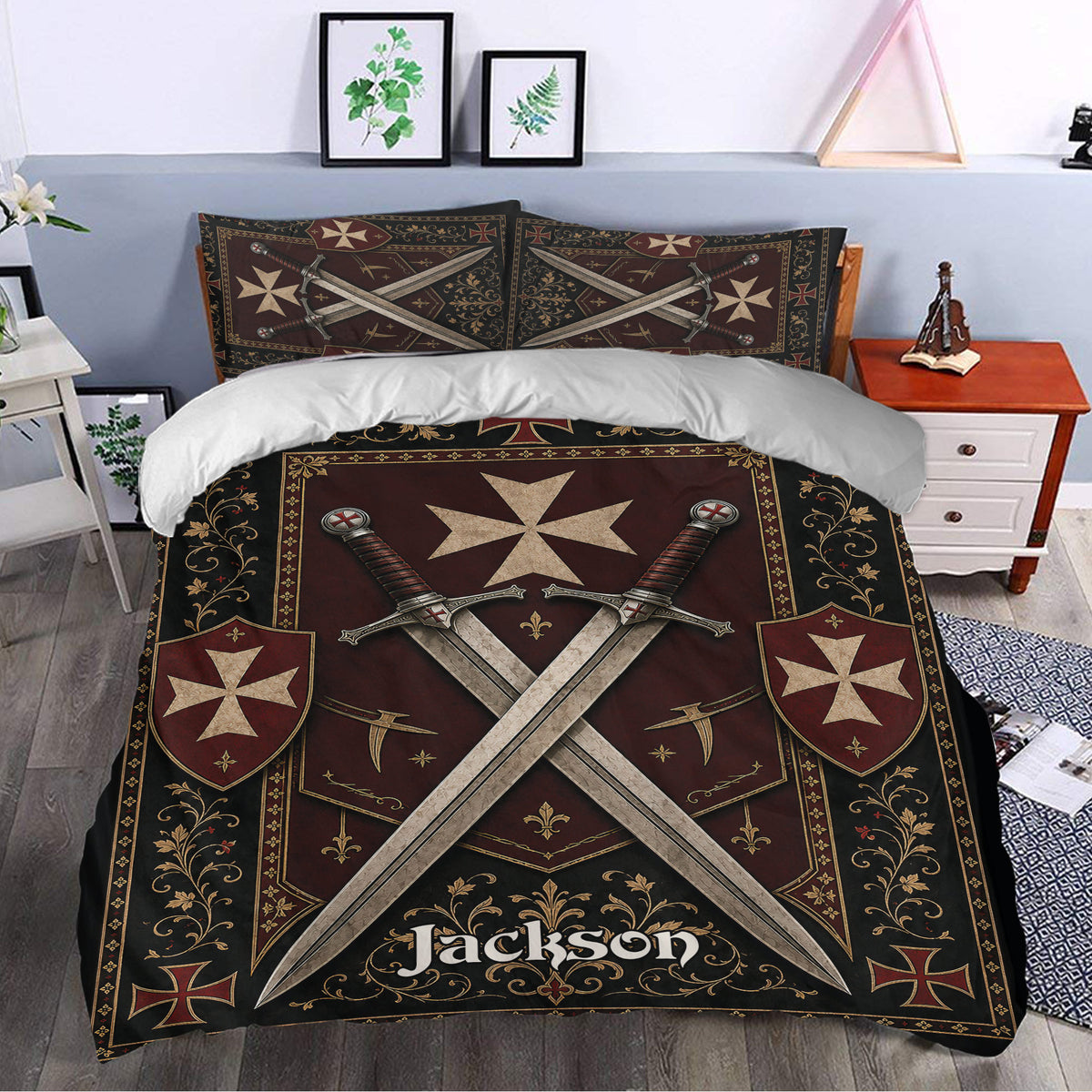 Knights Templar duvet cover set styled in a bedroom with crossed swords, ornate borders, and heraldic shields