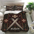 Black and burgundy Knights Templar duvet cover bedding set with matching pillowcases and medieval sword artwork