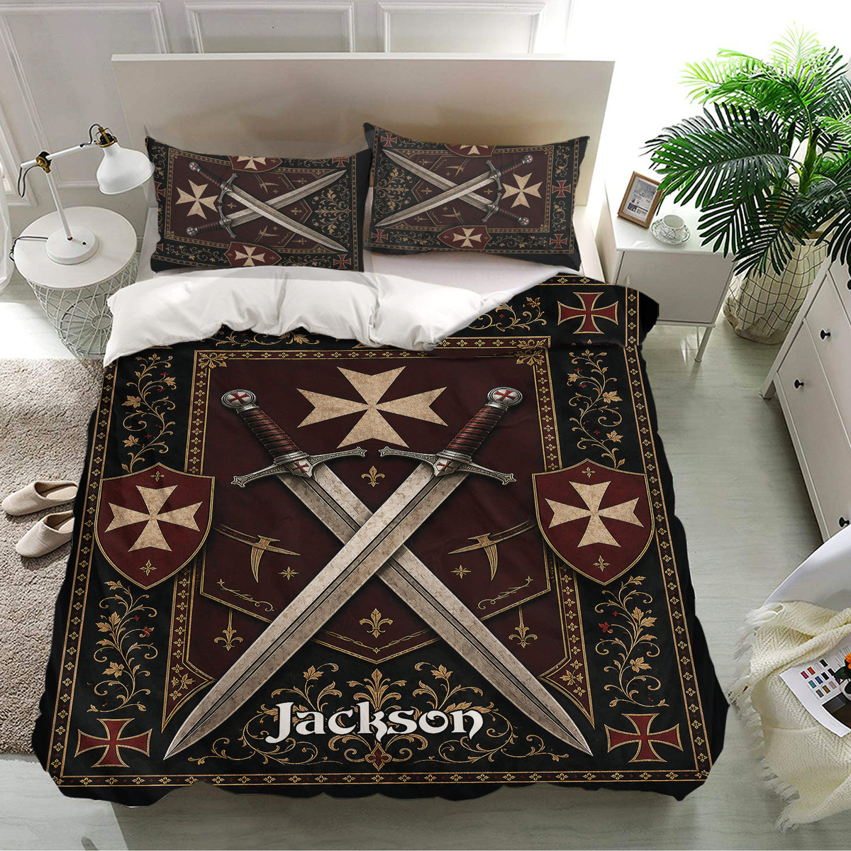 Black and burgundy Knights Templar duvet cover bedding set with matching pillowcases and medieval sword artwork