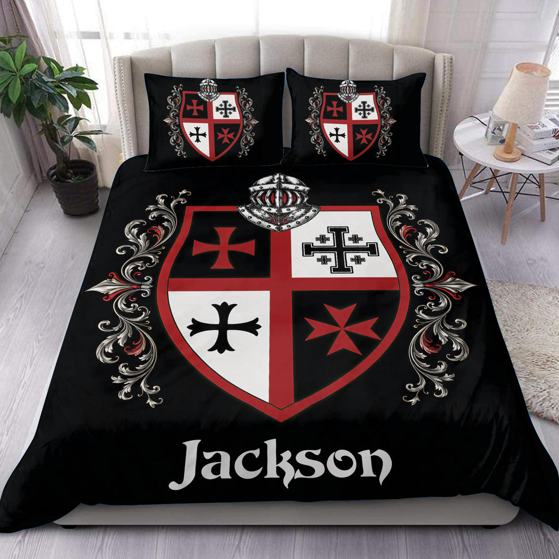 Knights Templar duvet cover set with heraldic shield, medieval helmet, and black red bedroom design