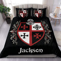 Knights Templar duvet cover set with heraldic shield, medieval helmet, and black red bedroom design