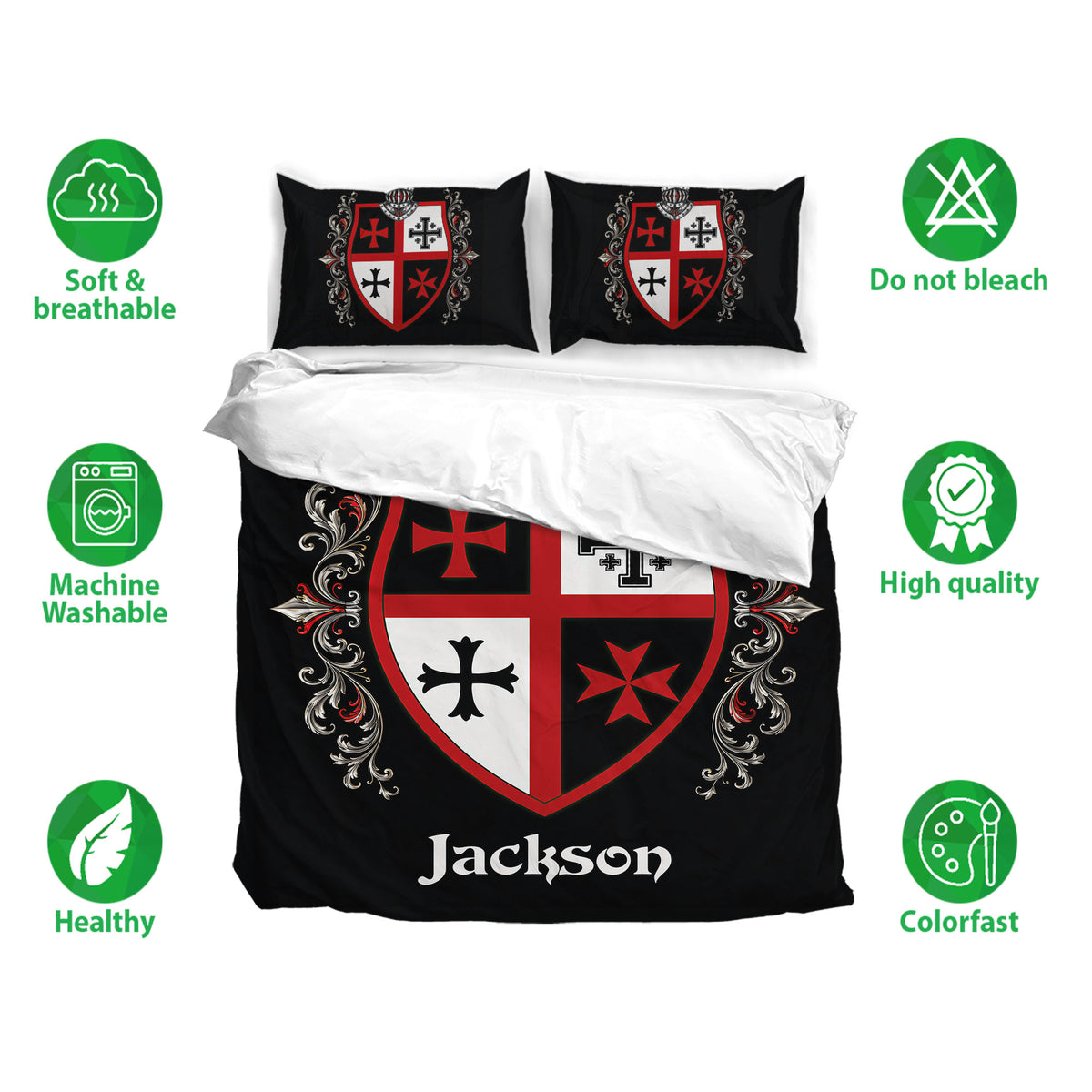 Knights Templar bedding set displayed with shield artwork and breathable fabric feature icons