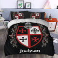 Knights Templar duvet cover bedding set styled in a bedroom with bold medieval shield artwork