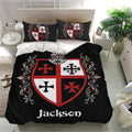 Black Knights Templar bedding set with red and white shield design in a modern bedroom