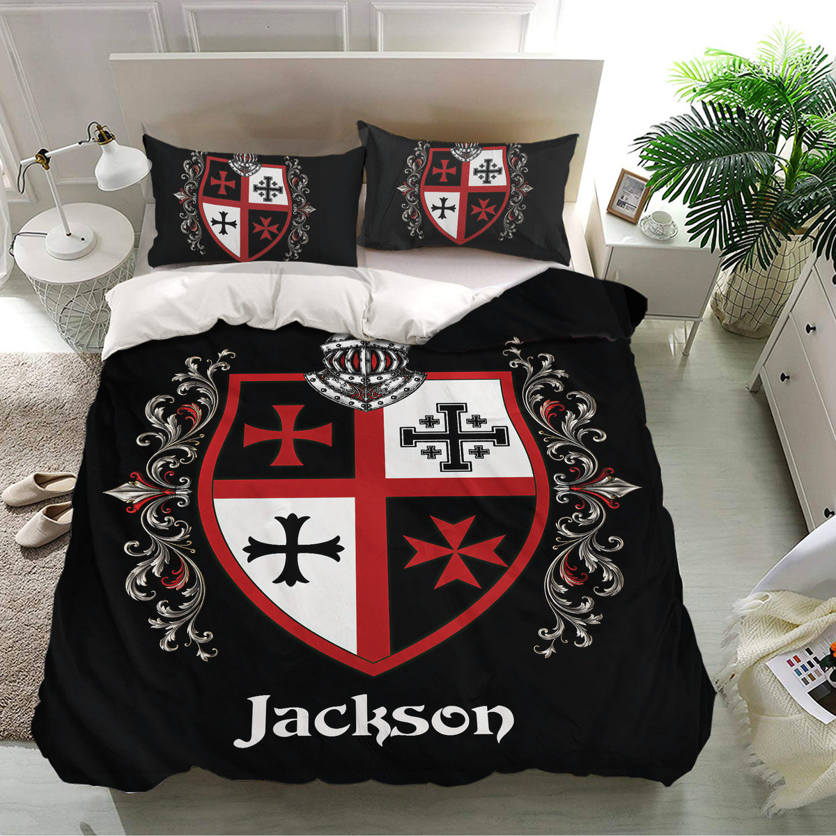 Black Knights Templar bedding set with red and white shield design in a modern bedroom