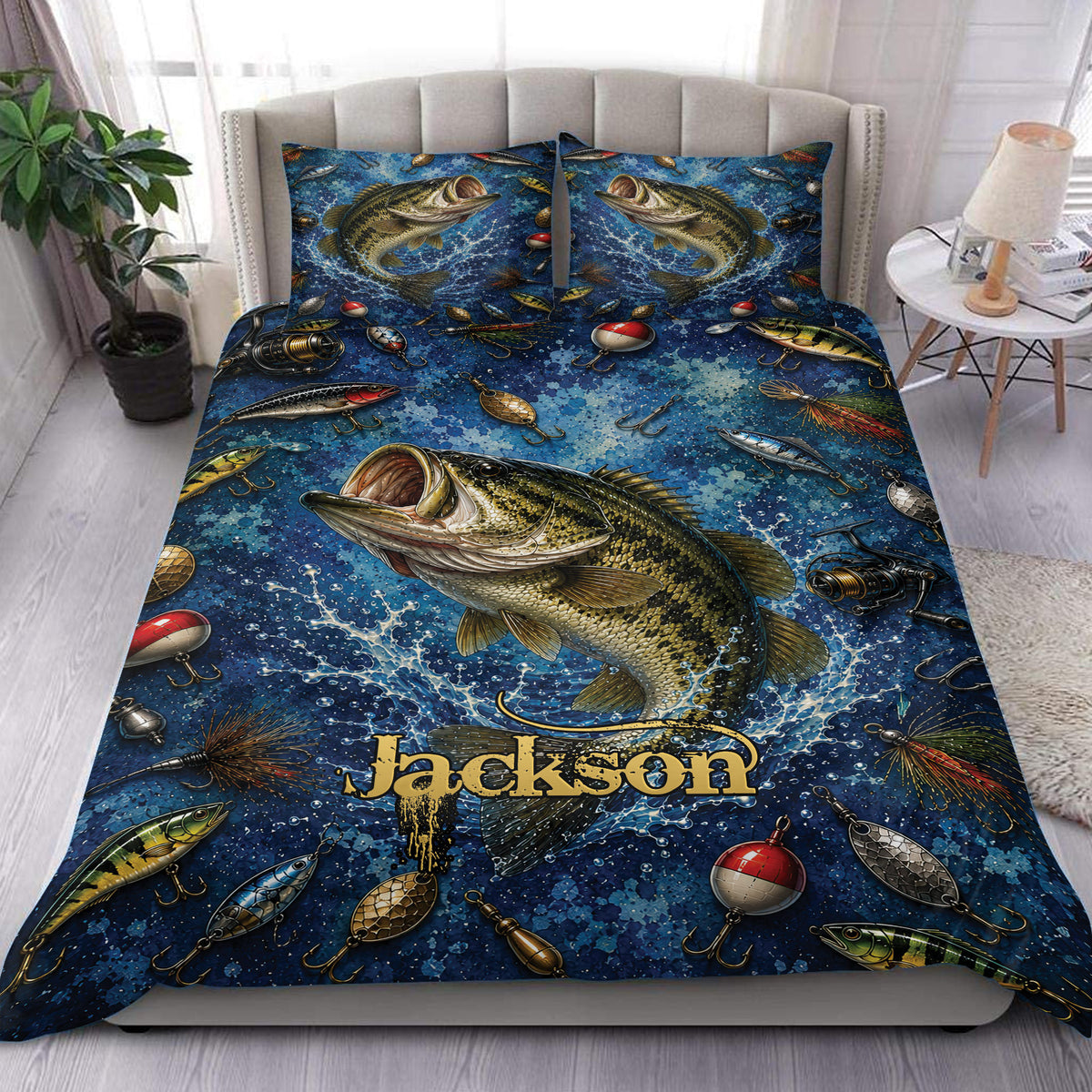 Fishing duvet cover set with largemouth bass, colorful lures, and deep blue water artwork on a bedroom bed