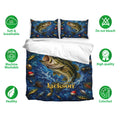 Fishing bedding set displayed with bass and lure artwork, showing a blue duvet cover and matching pillowcases