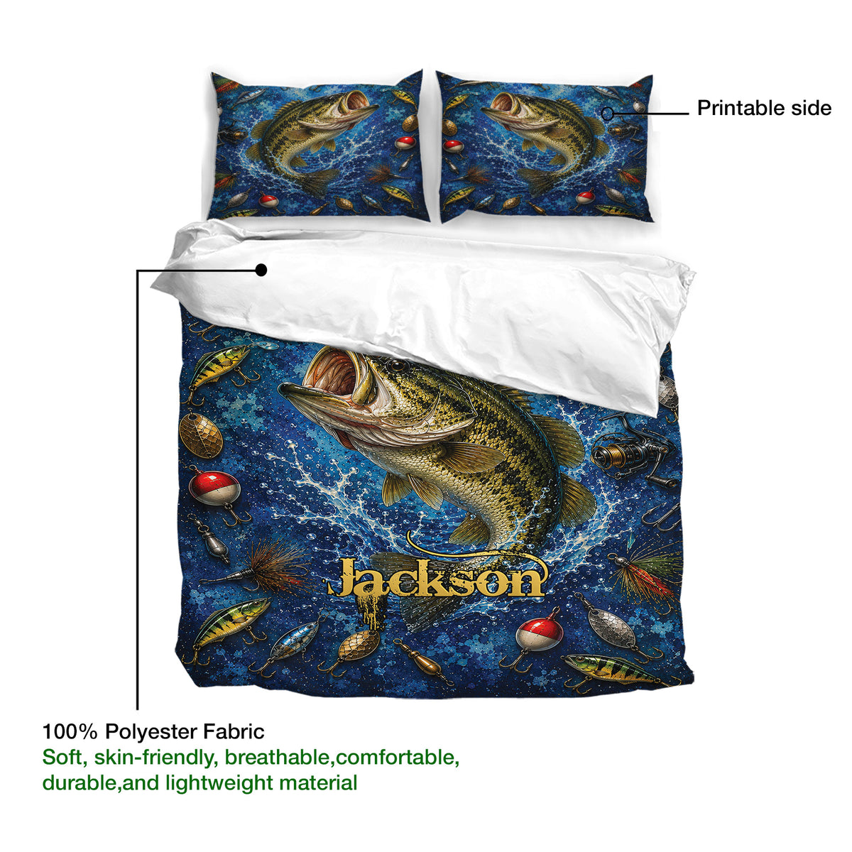 Fishing duvet cover bedding set with bass artwork, printable fabric surface, and soft lightweight material details