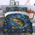 Bass fishing duvet cover set styled in a bedroom with vibrant blue water, lures, and realistic fish artwork