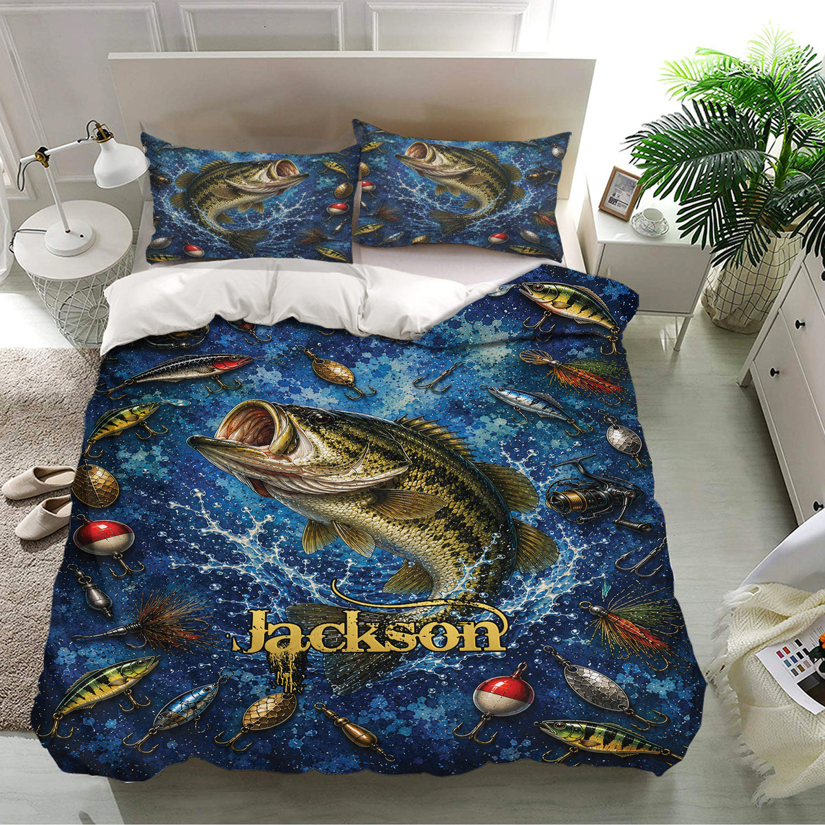 Fishing bedding set with large bass design, colorful tackle details, and matching blue pillowcases in a bedroom