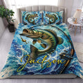 Fishing duvet cover set featuring a large green bass, fishing rod, lure, and blue water splash artwork
