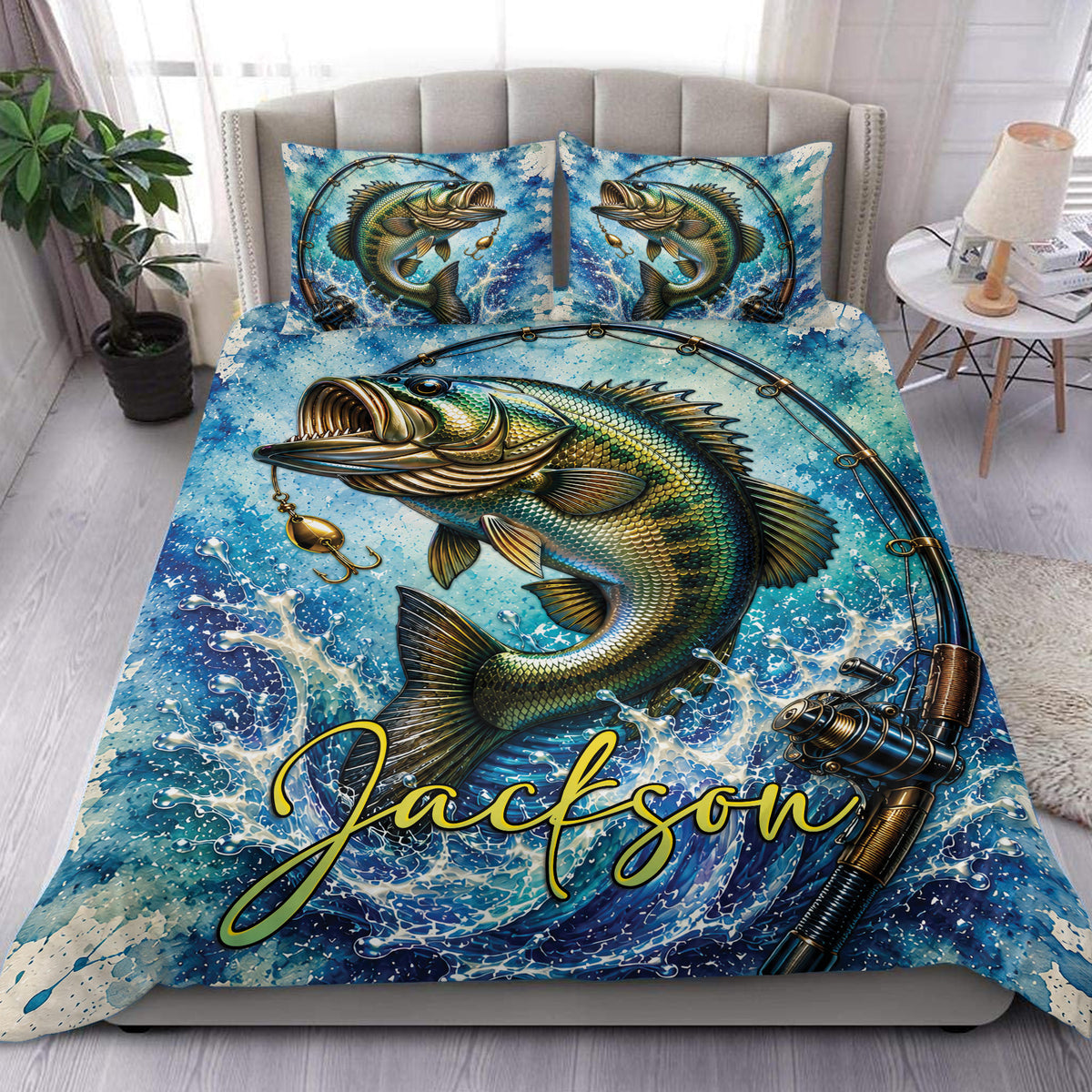 Fishing duvet cover set featuring a large green bass, fishing rod, lure, and blue water splash artwork