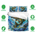 Fishing bedding set displayed with bass fish artwork, blue water details, and matching printed pillowcases