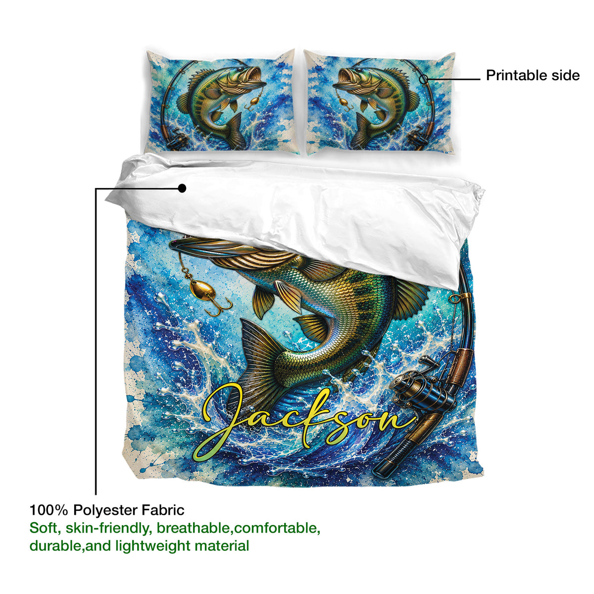Fishing duvet cover set showing the printable side with bass fish, fishing gear, and vibrant water artwork