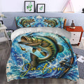 Fishing duvet cover and matching pillowcases styled in a bedroom with colorful bass and water artwork