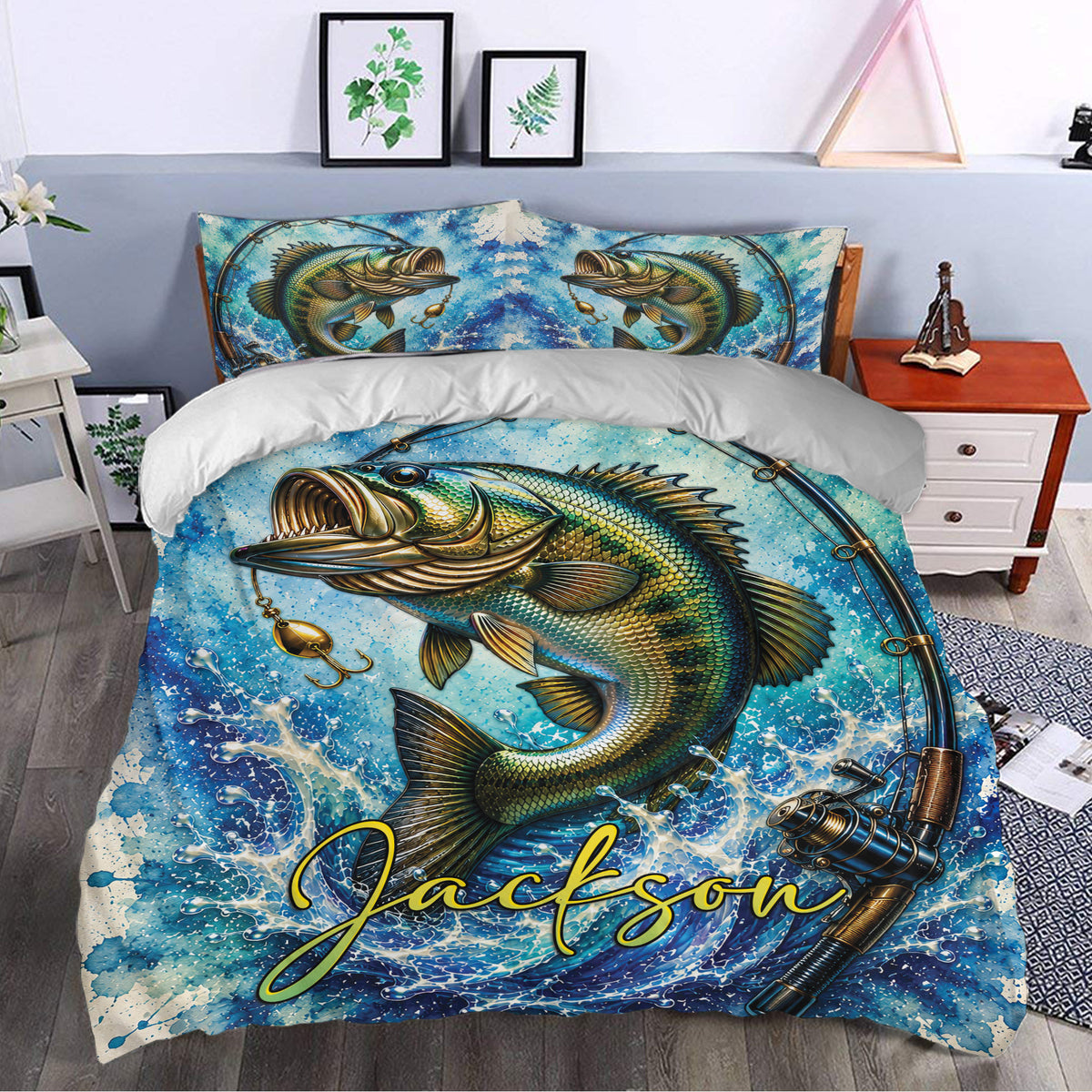 Fishing duvet cover and matching pillowcases styled in a bedroom with colorful bass and water artwork