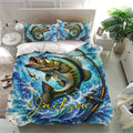 Fishing bedding set presented on a modern bed with large bass fish, fishing gear, and blue water artwork