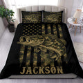 Black fishing duvet cover set featuring a large bass, camouflage stripes, stars, and a bedroom display