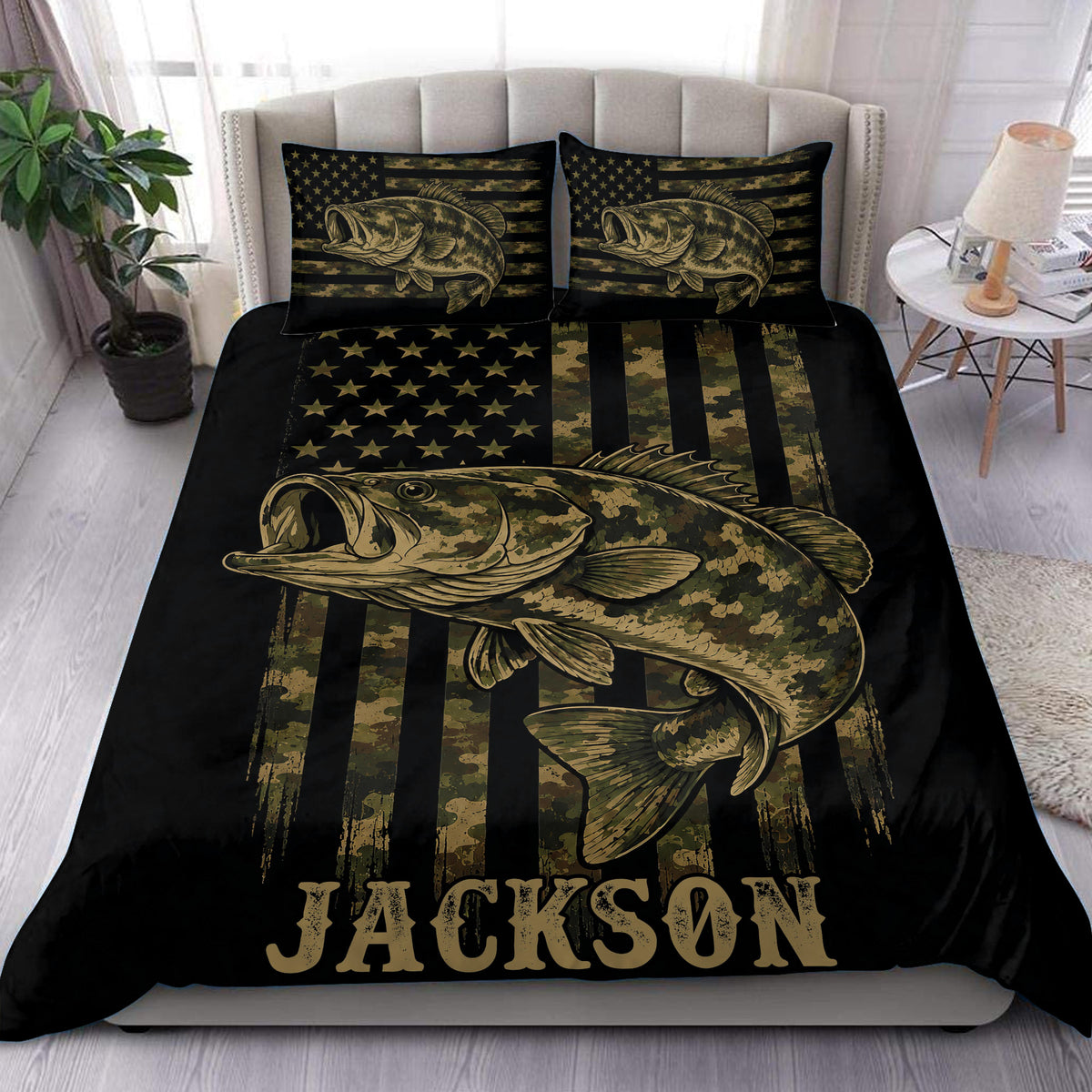Black fishing duvet cover set featuring a large bass, camouflage stripes, stars, and a bedroom display