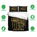 Bass fishing duvet cover bedding set displayed on a bed with matching fish pillowcases and feature icons