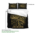 Bass fishing duvet cover set showing the large fish print, matching pillowcases, and printable design side