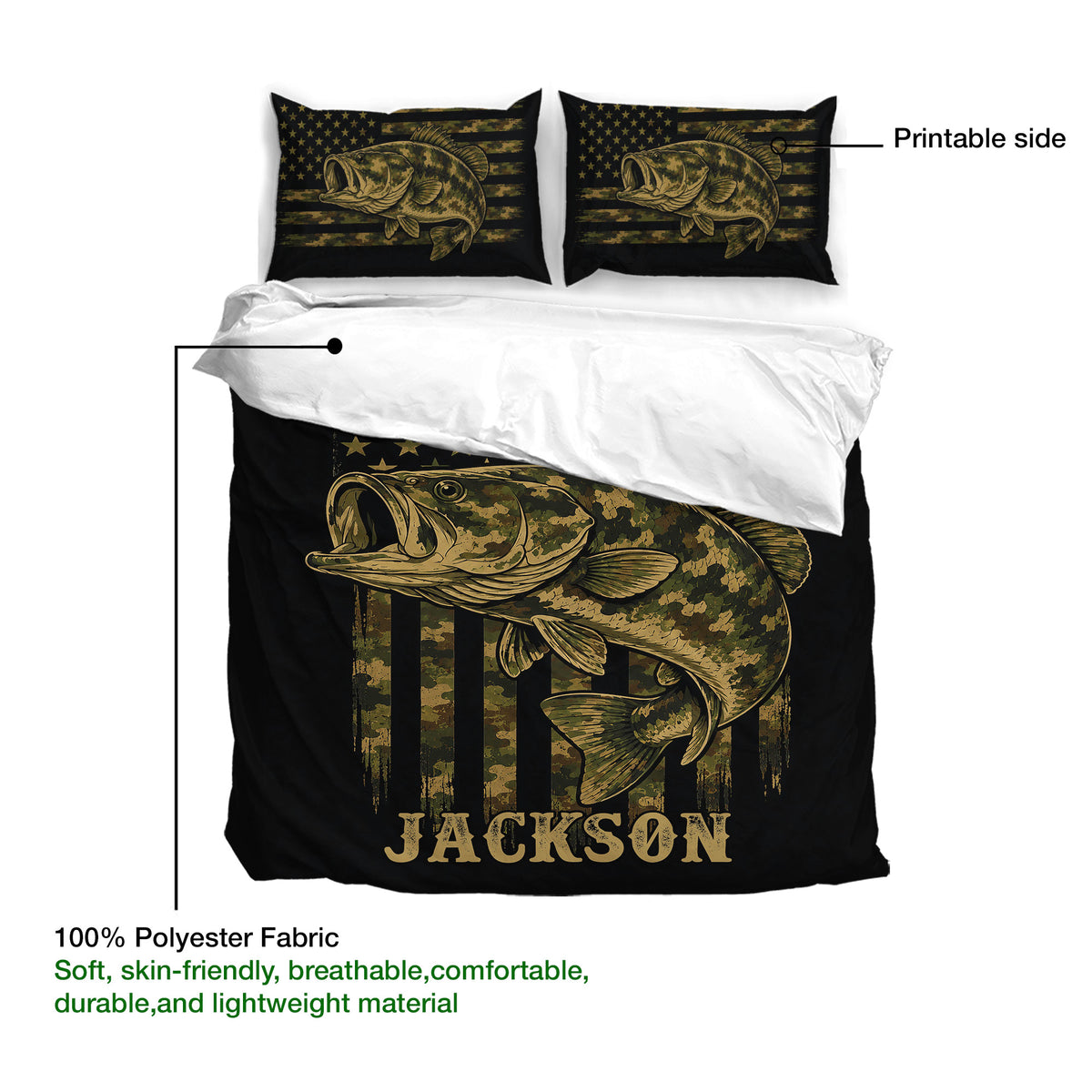Bass fishing duvet cover set showing the large fish print, matching pillowcases, and printable design side