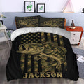 Fishing bedroom decor with a black bass duvet cover, camouflage flag design, and matching pillowcases
