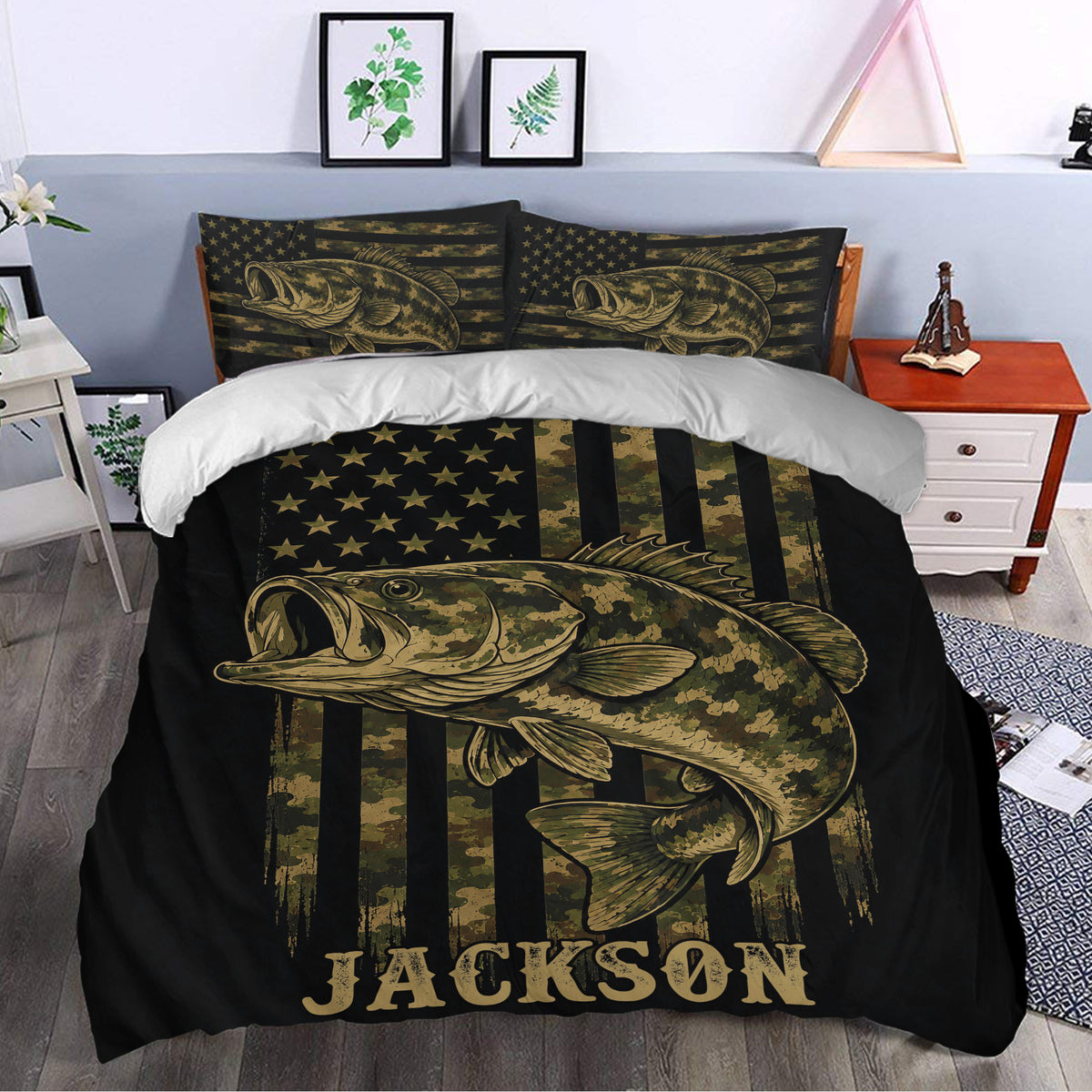 Fishing bedroom decor with a black bass duvet cover, camouflage flag design, and matching pillowcases