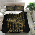 Bass fishing bedding set styled in a bright bedroom with a large fish print and camouflage flag artwork