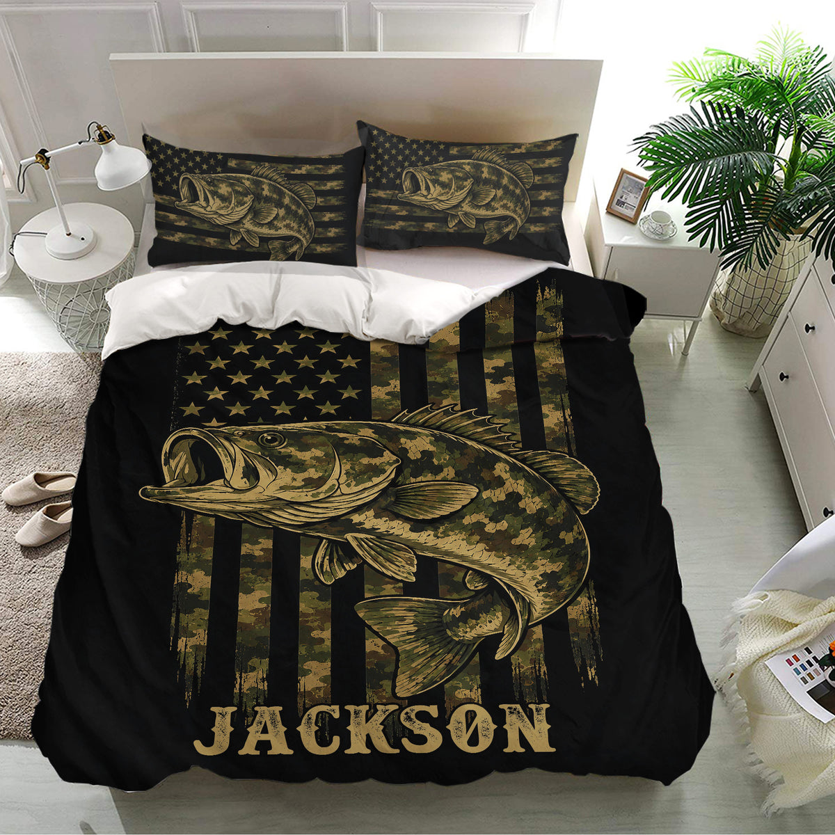 Bass fishing bedding set styled in a bright bedroom with a large fish print and camouflage flag artwork