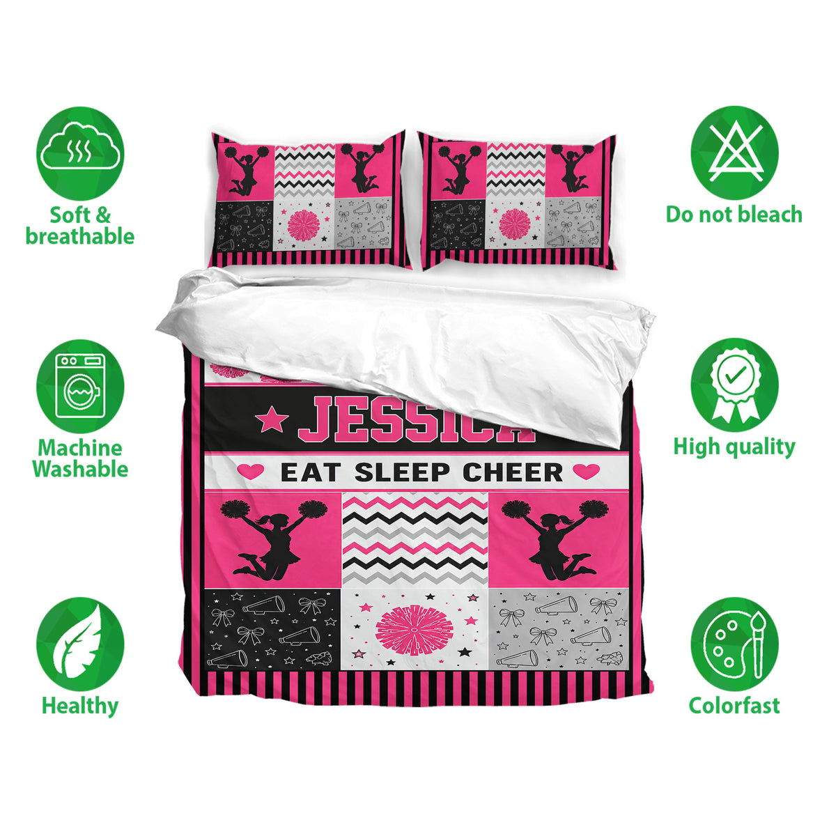 Cheerleading duvet cover bedding set displayed with matching pillowcases in a pink, black, and white design