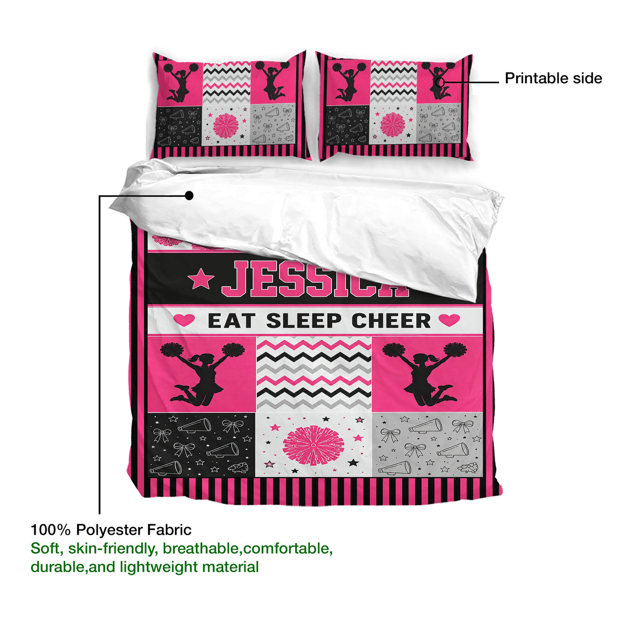 Cheerleading duvet cover set showing the printable artwork and soft polyester fabric in a bold pink design