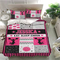 Pink cheerleading duvet cover set with matching pillowcases, megaphone motifs, chevrons, stars, and striped borders