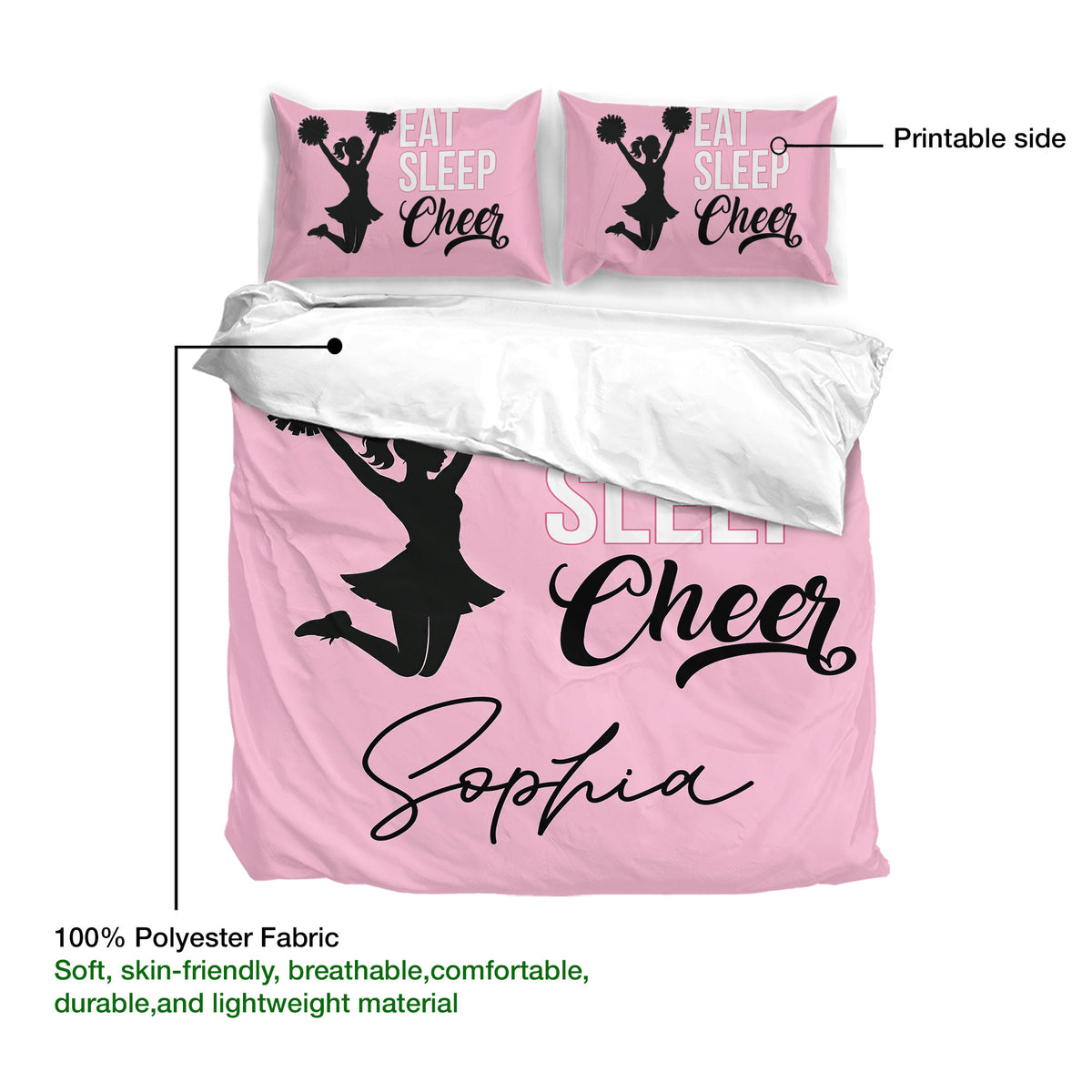 Cheerleading duvet cover bedding set showing a pink printable design with a jumping cheerleader silhouette and script lettering