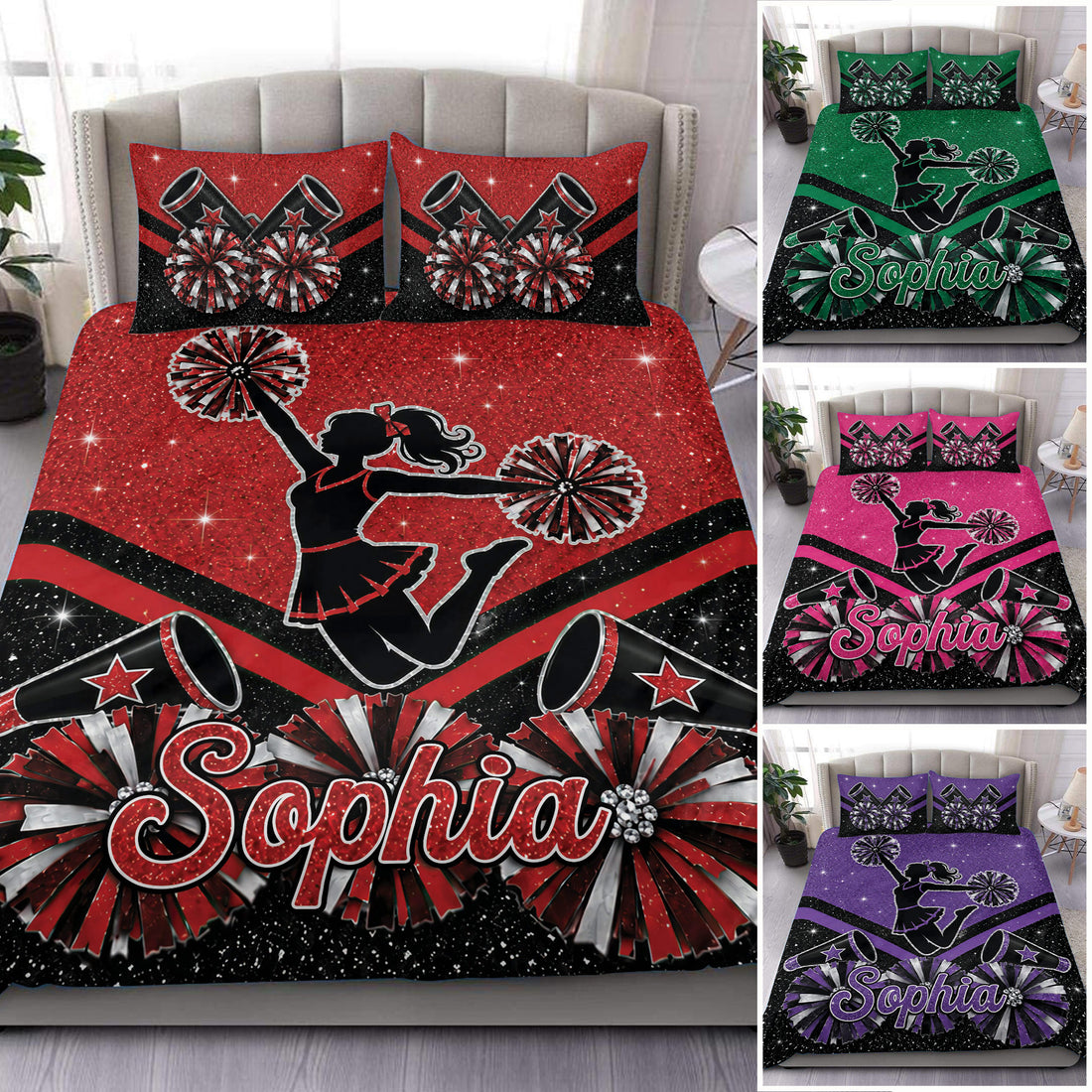 Cheerleading duvet cover set with glitter accents, megaphones, pom poms, and a cheerleader silhouette