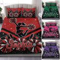 Cheerleading duvet cover set with glitter accents, megaphones, pom poms, and a cheerleader silhouette