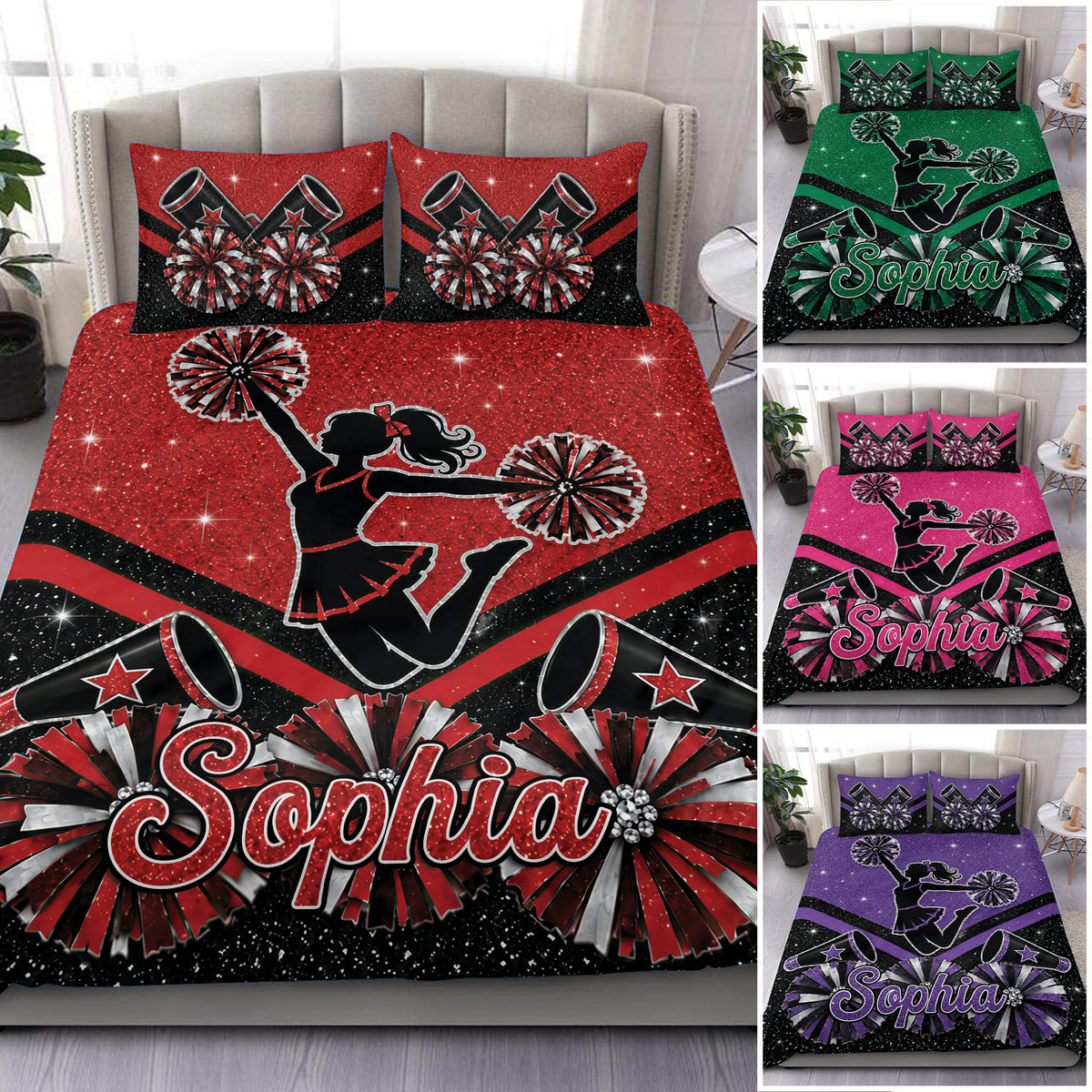 Cheerleading duvet cover set with glitter accents, megaphones, pom poms, and a cheerleader silhouette