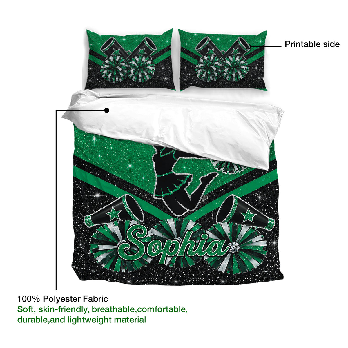 Green cheerleading duvet cover set showing the printable side and lightweight polyester fabric