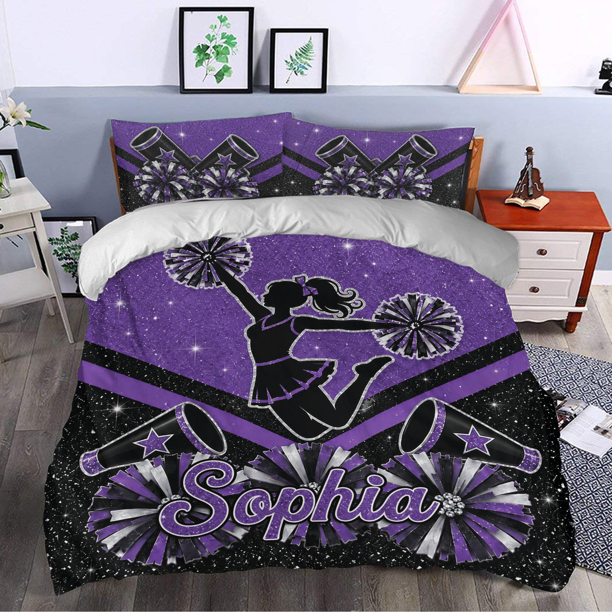 Purple cheerleading duvet cover set styled in a bright bedroom with glitter stars and pom pom artwork