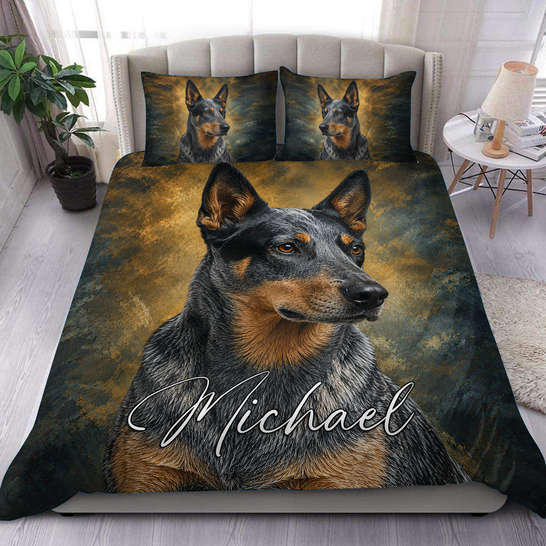 Australian Cattle duvet cover set styled on a bed with large dog portrait artwork in black, blue, and gold