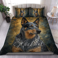 Australian Cattle duvet cover set styled on a bed with large dog portrait artwork in black, blue, and gold
