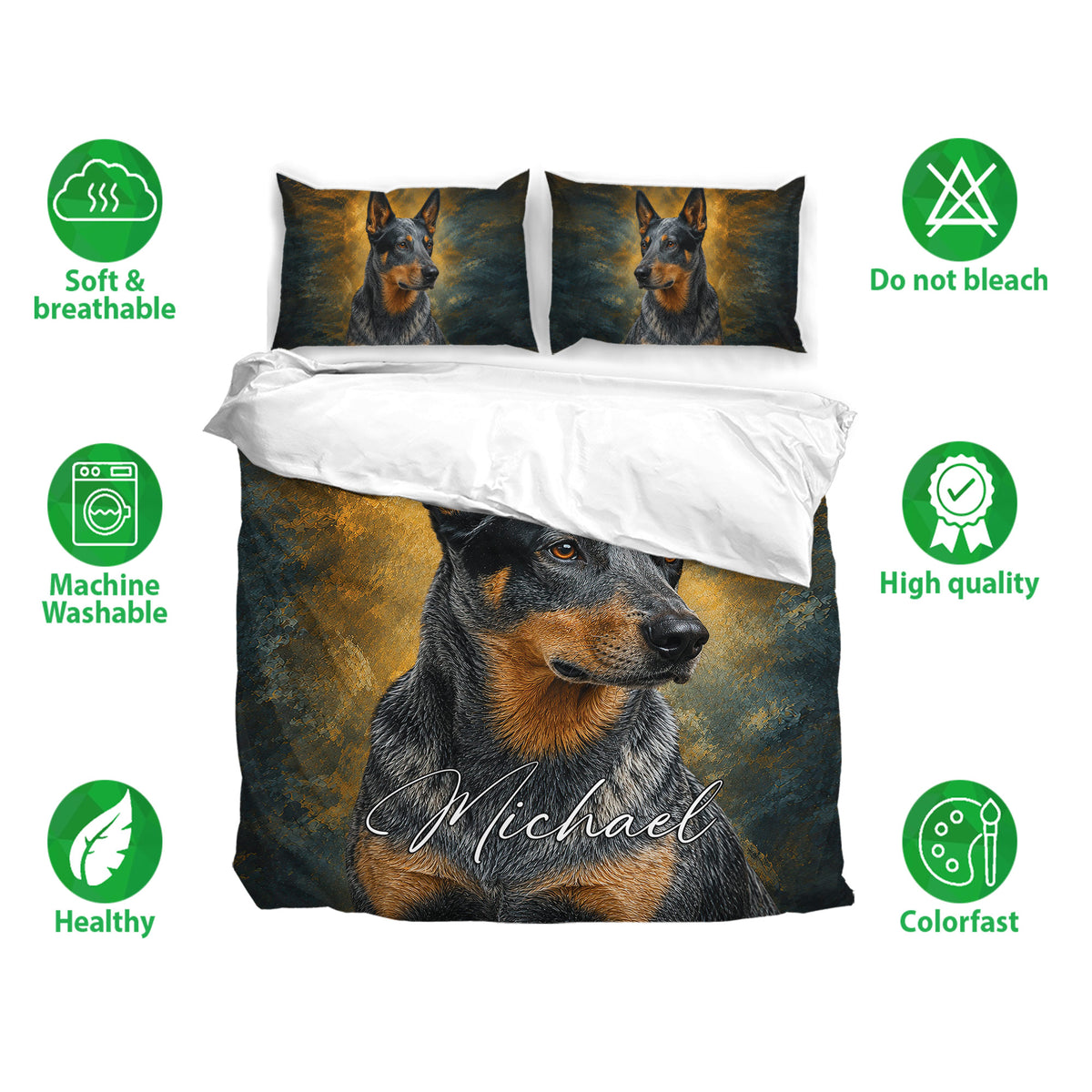 Australian Cattle duvet cover set displayed with matching pillowcases and care feature icons
