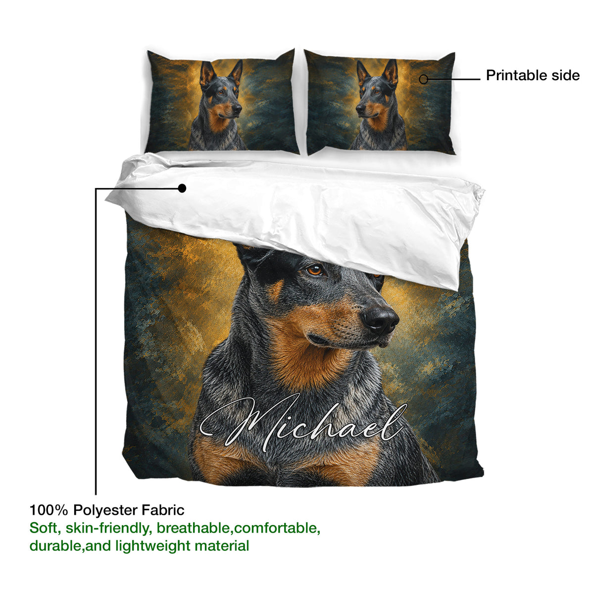 Australian Cattle duvet cover set with portrait artwork, matching pillowcases, and fabric detail guide
