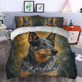 Australian Cattle duvet cover styled in a bedroom with bold dog portrait artwork and dark rustic colors